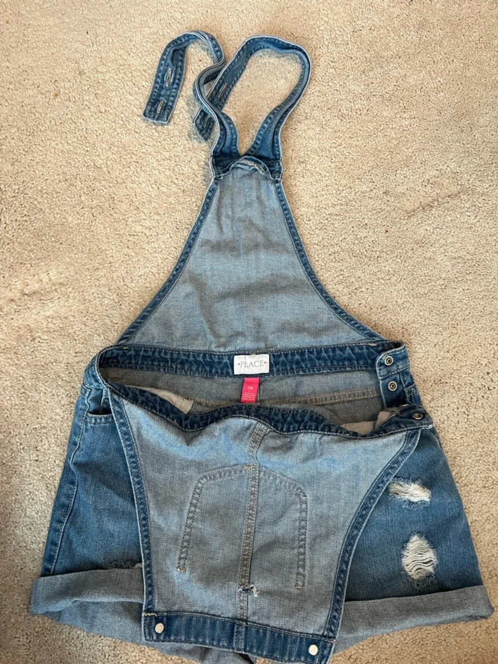 The Children's Place Medium Blue Denim Shortall Romper with Distressed Details